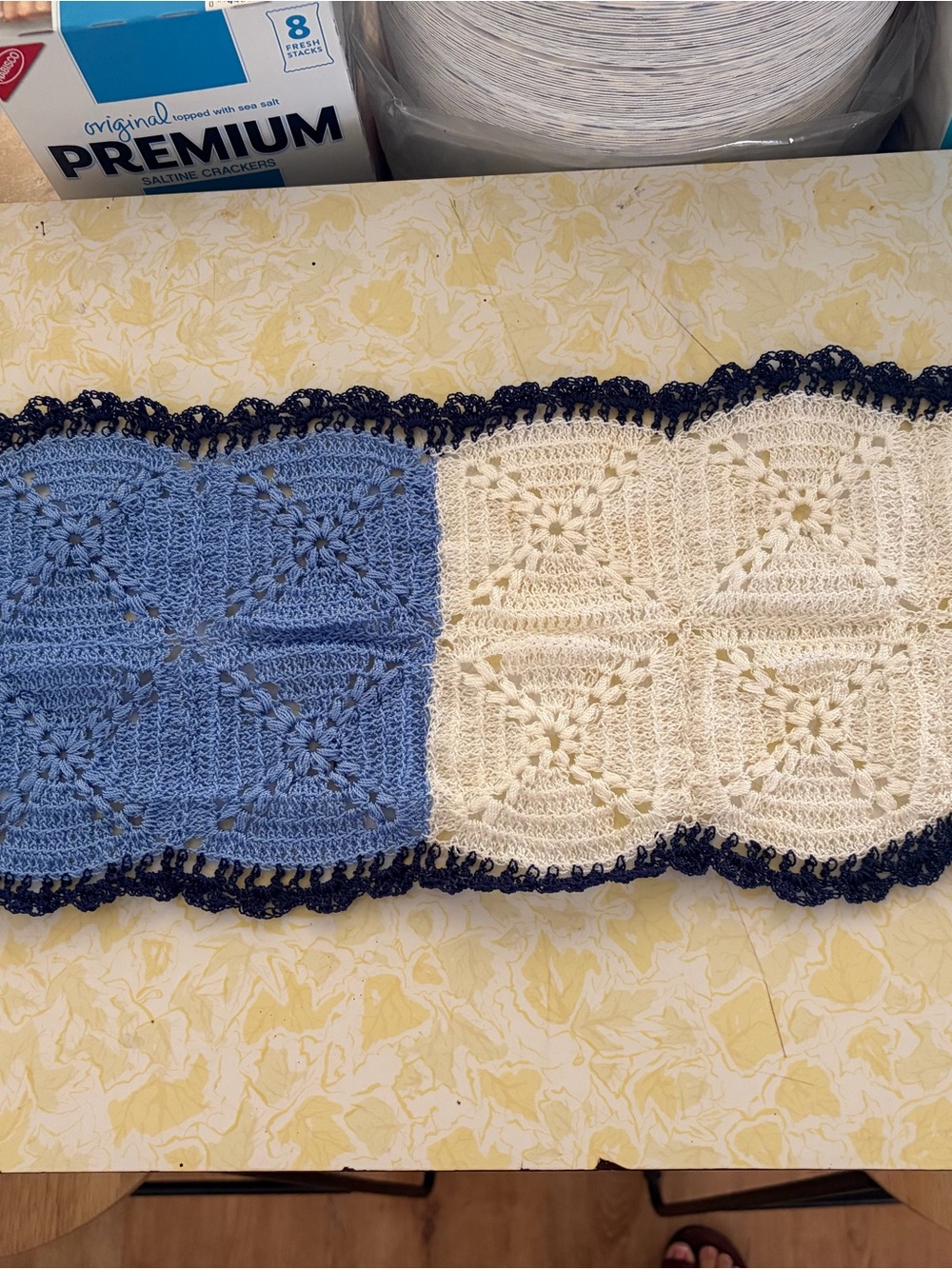 Handmade Crocheted Bath Mat Runner in Blue, Cream & Navy Trim